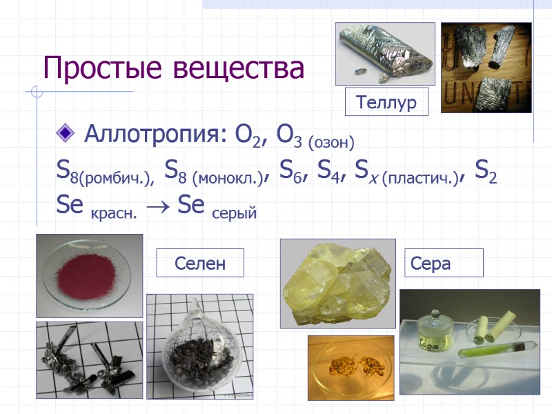 Простые вещества  Аллотропия: O2, O3 (озон) S8(ромбич.), S8 (монокл.), S6, S4, Sx (пластич.),